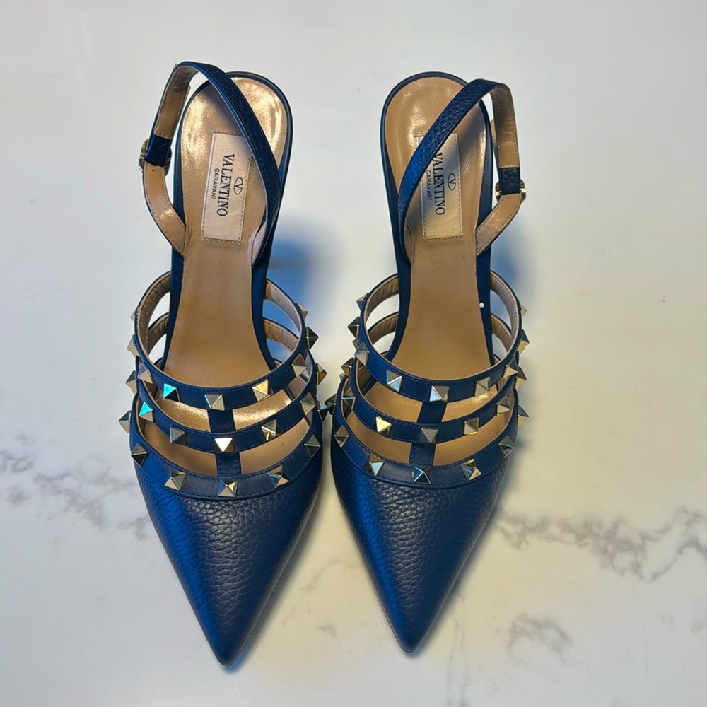 Valentino Rockstud navy blue sling mules